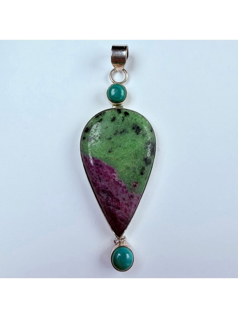 XL 58 CT Natural Ruby Zoisite & Malachite 925 Sterling Silver VTG 3.1" Pendant